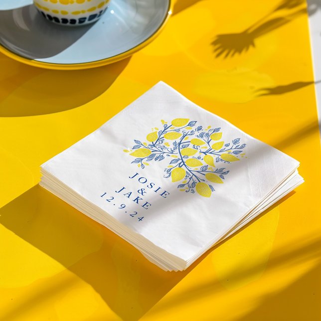 Pretty blue and yellow lemon vines wedding napkins (Pretty and Delicate Woodcut Effect Blue and Yellow Mediterranean-Inspired Lemon Vines Napkins)