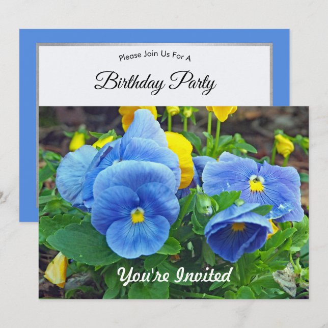 Pretty Blue and Yellow Pansy Floral Photo Birthday Invitation (Front/Back)