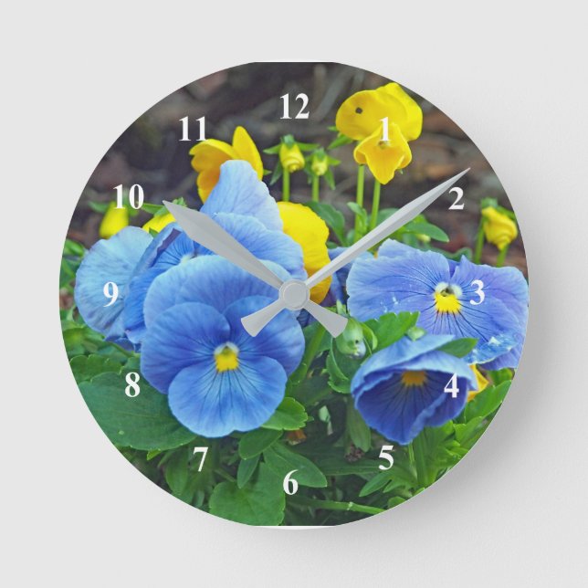 Pretty Blue and Yellow Pansy Floral Photo Round Clock (Front)