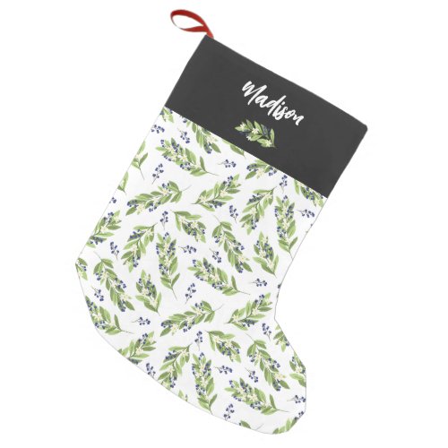 Pretty Blue Berry Twig Greenery Pattern Name Small Christmas Stocking