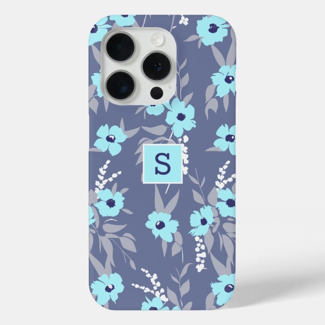 Pretty Blue Blooms Pattern Monogram / Initial Case-Mate iPhone Case (Back)