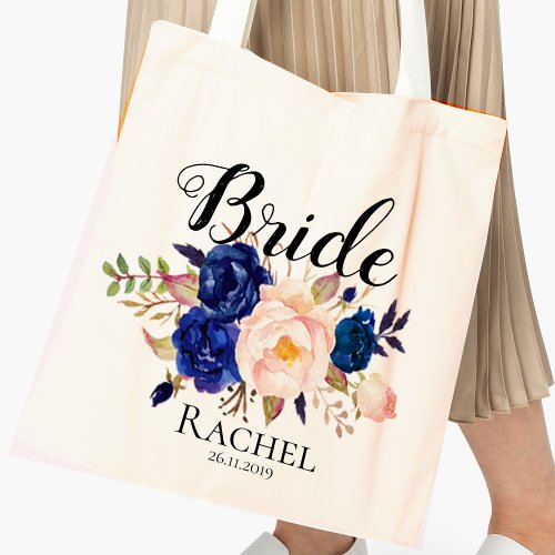 Pretty Blue Blush Pink Floral Bride Wedding Tote Bag