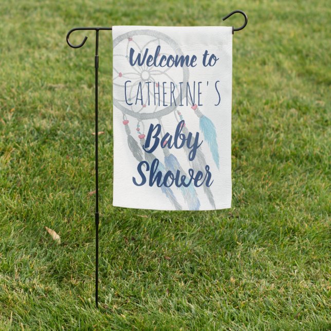 Pretty Blue Boho Dreamcatcher Baby Shower Garden Flag (In SItu)