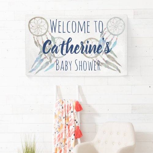 Pretty Blue Boho Dreamcatcher Baby Shower Welcome Banner