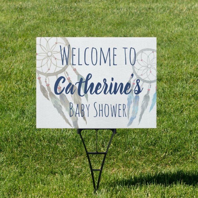 Pretty Blue Boho Dreamcatcher Baby Shower Yard Sign (Insitu)