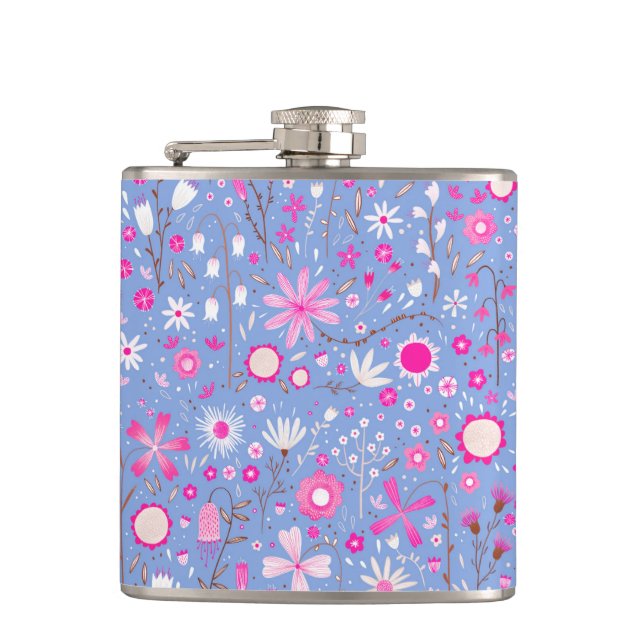 Pretty Blue Botanical Wildflower Floral Keepsake Flask (Front)