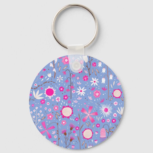 Pretty Blue Botanical Wildflower Floral Keychain (Front)