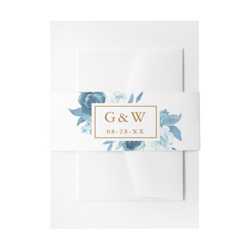 Pretty Blue Bouquet Monograms and Date Wedding Invitation Belly Band
