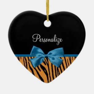 Pretty Blue Bow Stylish Tiger Stripes and Name Ceramic Ornament