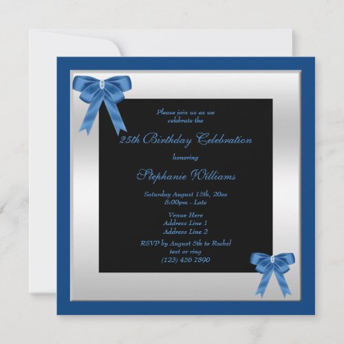 Pretty Blue Bows  Silver Framed Birthday Invitation