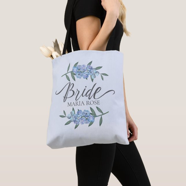 Pretty Blue Bride Floral Personalized Custom Tote Bag (Close Up)