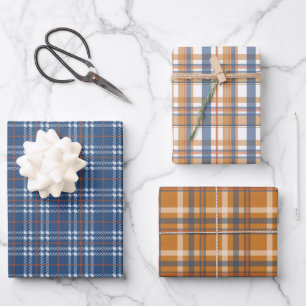 PRETTY BLUE & BROWN FALL PLAID PATTERN WRAPPING PAPER SHEETS
