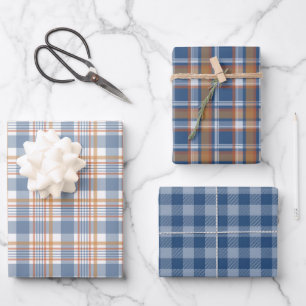 PRETTY BLUE & BROWN FALL PLAID PATTERN WRAPPING PAPER SHEETS