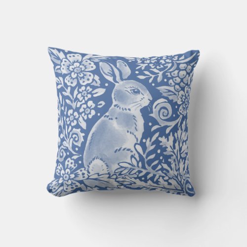 Pretty Blue Bunny Forest Floral Woodland Rabbit Throw Pillow