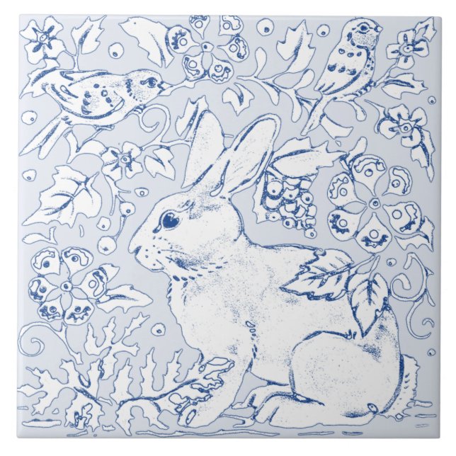 Pretty Blue Bunny Rabbit Bird Floral Faces Left Ceramic Tile (Front)