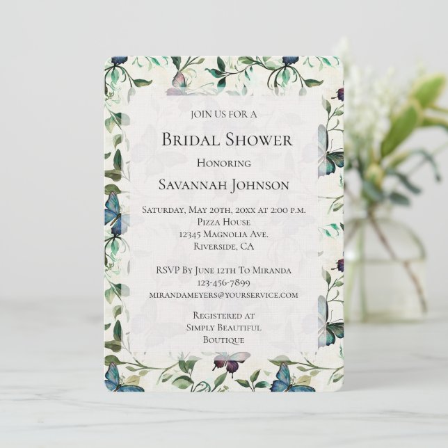 Pretty Blue Butterflies Bridal Shower Invitation (Standing Front)