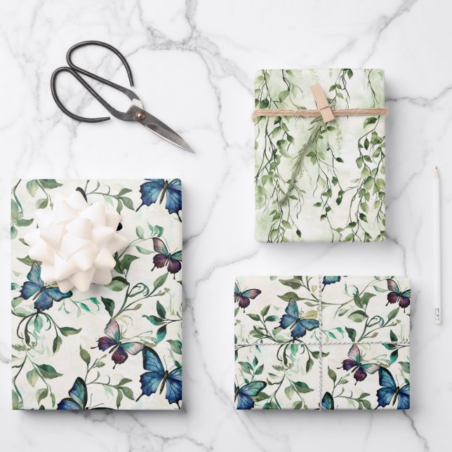Pretty Blue Butterflies Bridal Shower Wrapping Paper Sheets (Front)