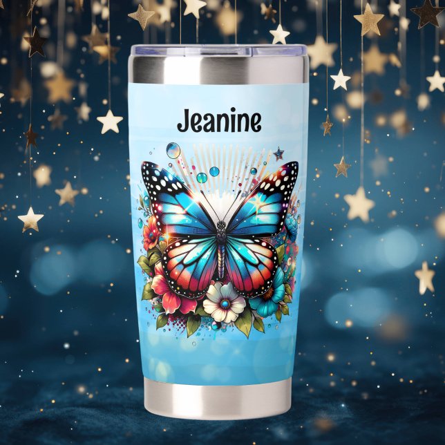 Pretty Blue Butterfly and Flowers Personalized Insulated Tumbler (Creator Uploaded)
