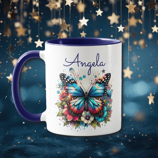 Pretty Blue Butterfly and Flowers Personalized Mug (Creator Uploaded)