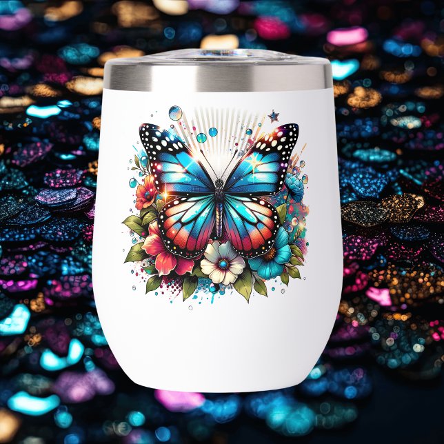 Pretty Blue Butterfly and Flowers   Thermal Wine Tumbler (Creator Uploaded)
