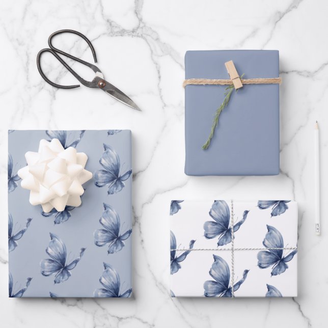 Pretty Blue Butterfly Birthday Wrapping Paper Sheets (Front)