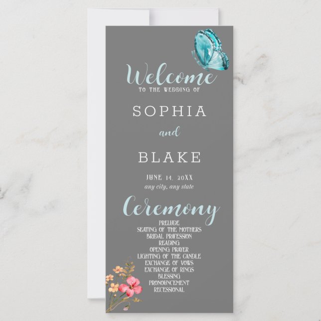 Pretty Blue Butterfly Gray Wedding Program (Front)
