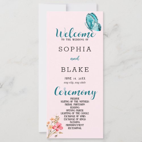 Pretty Blue Butterfly Pink Wedding Program