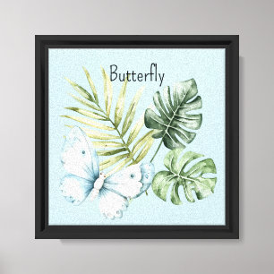 Pretty Blue Butterfly Tropical Green Leaves Canvas Print