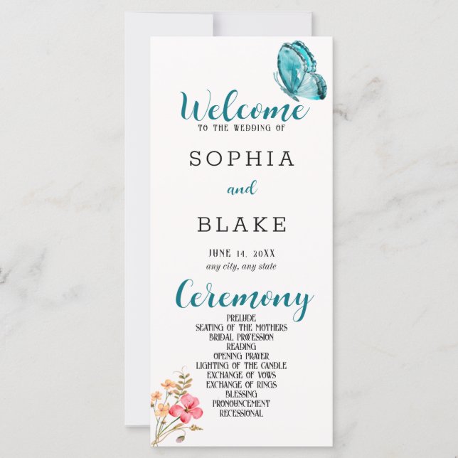 Pretty Blue Butterfly White Wedding Program (Front)