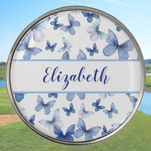 Pretty blue butterfly with custom name ladies gol golf ball marker