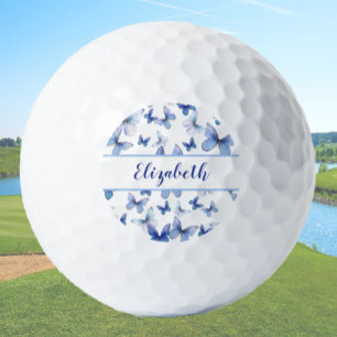 Pretty blue butterfly with custom name ladies  gol golf balls