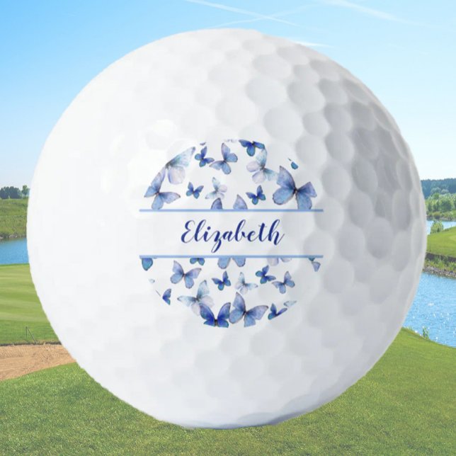 Pretty blue butterfly with custom name ladies  gol golf balls (Creator Uploaded)