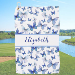 Pretty blue butterfly with custom name ladies golf towel