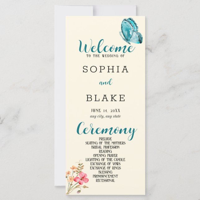 Pretty Blue Butterfly Yellow Wedding Program (Front)
