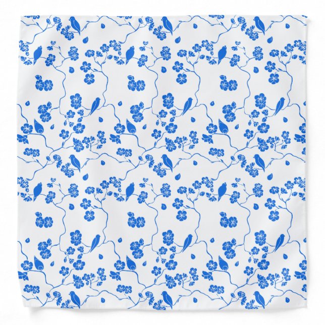 Pretty Blue Cherry Blossom and Birds Pattern Bandana (Front)