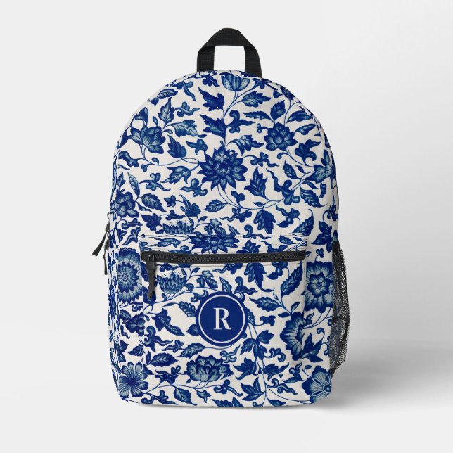 Pretty Blue Chinoiserie Chinese Floral Vintage  Printed Backpack (Front)
