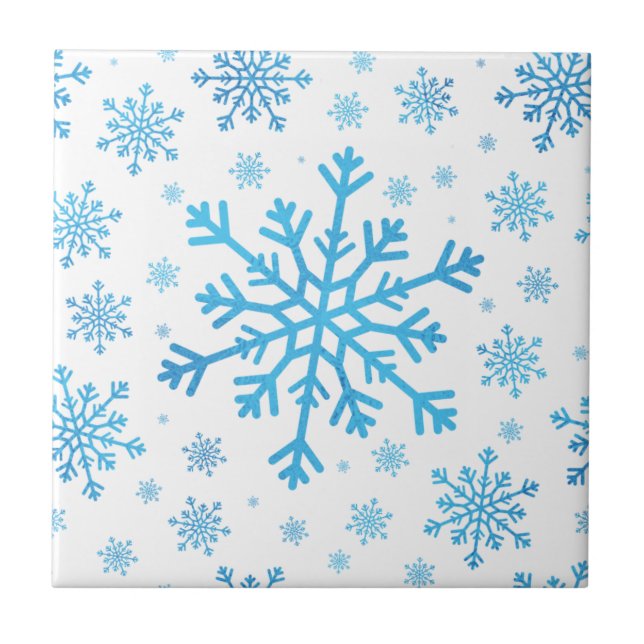 Pretty Blue Christmas Snowflakes on Winter White  Ceramic Tile (Front)