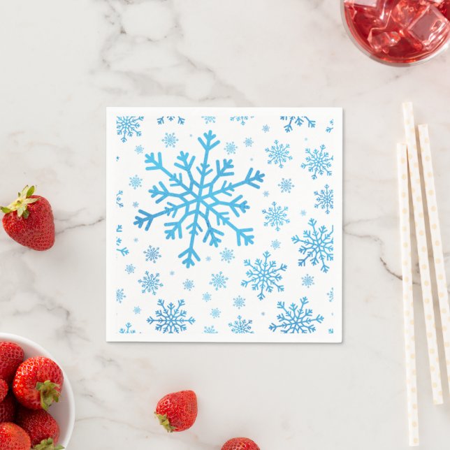 Pretty Blue Christmas Snowflakes on Winter White Napkins (Insitu)