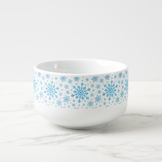 Pretty Blue Christmas Snowflakes on Winter White Soup Mug (Front)
