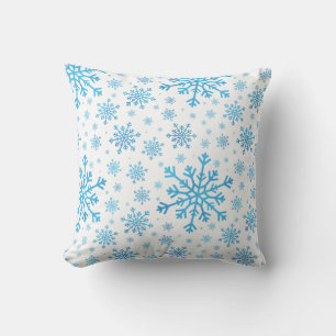 Pretty Blue Christmas Snowflakes on Winter White Throw Pillow