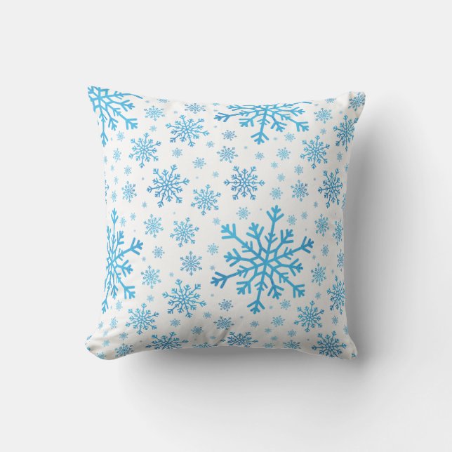 Pretty Blue Christmas Snowflakes on Winter White Throw Pillow (Front)
