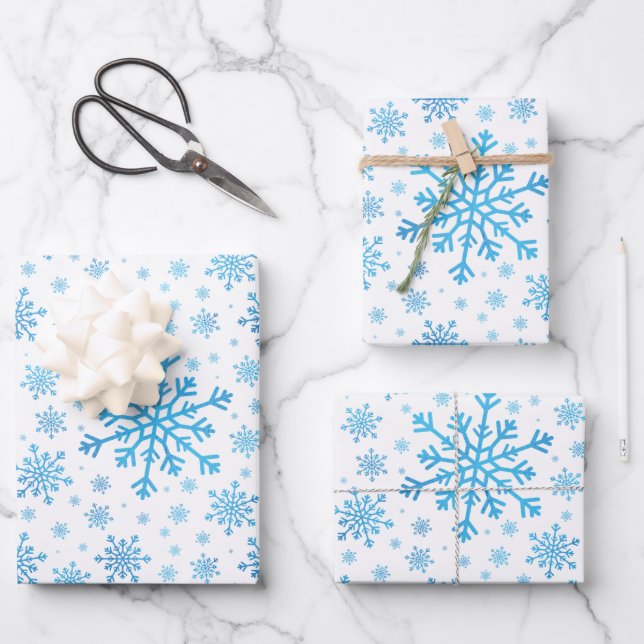 Pretty Blue Christmas Snowflakes on Winter White Wrapping Paper Sheets (Front)