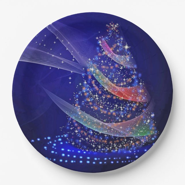Pretty Blue Christmas Tree Graphic Paper Plates (Front)