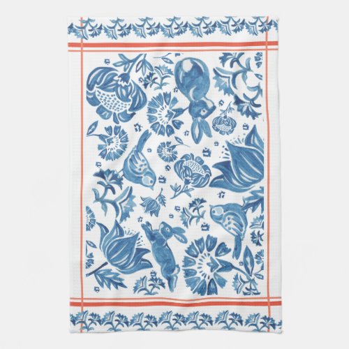 Pretty Blue Coral Rabbit Bird Folk Country Floral Kitchen Towel