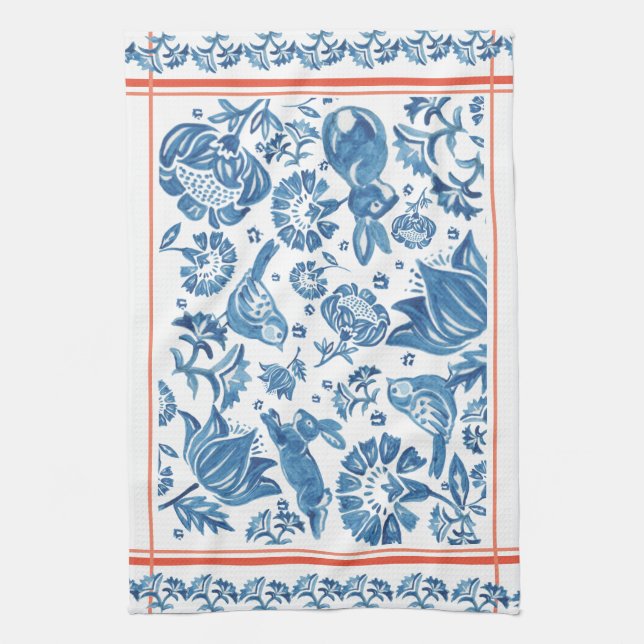 Pretty Blue, Coral Rabbit Bird Folk Country Floral Kitchen Towel (Vertical)