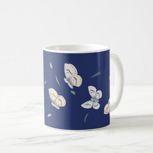 Pretty Blue  Cream Butterflies in Flight Blue Coffee Mug