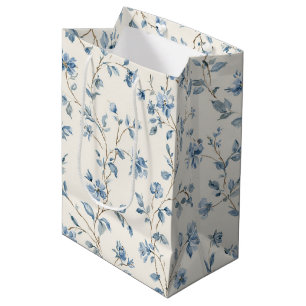 Pretty Blue Cream Flowers Bridal Shower Medium Gift Bag