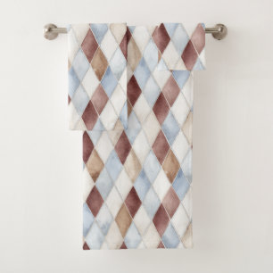 Pretty Blue Cream Tan Brown Diamonds Bath Towel Set