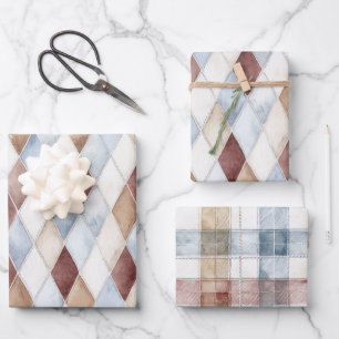 Pretty Blue Cream Tan Brown Diamonds Wedding Wrapping Paper Sheets