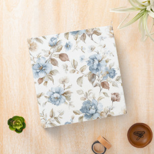 Pretty Blue Cream Tan Brown Flowers 3 Ring Binder